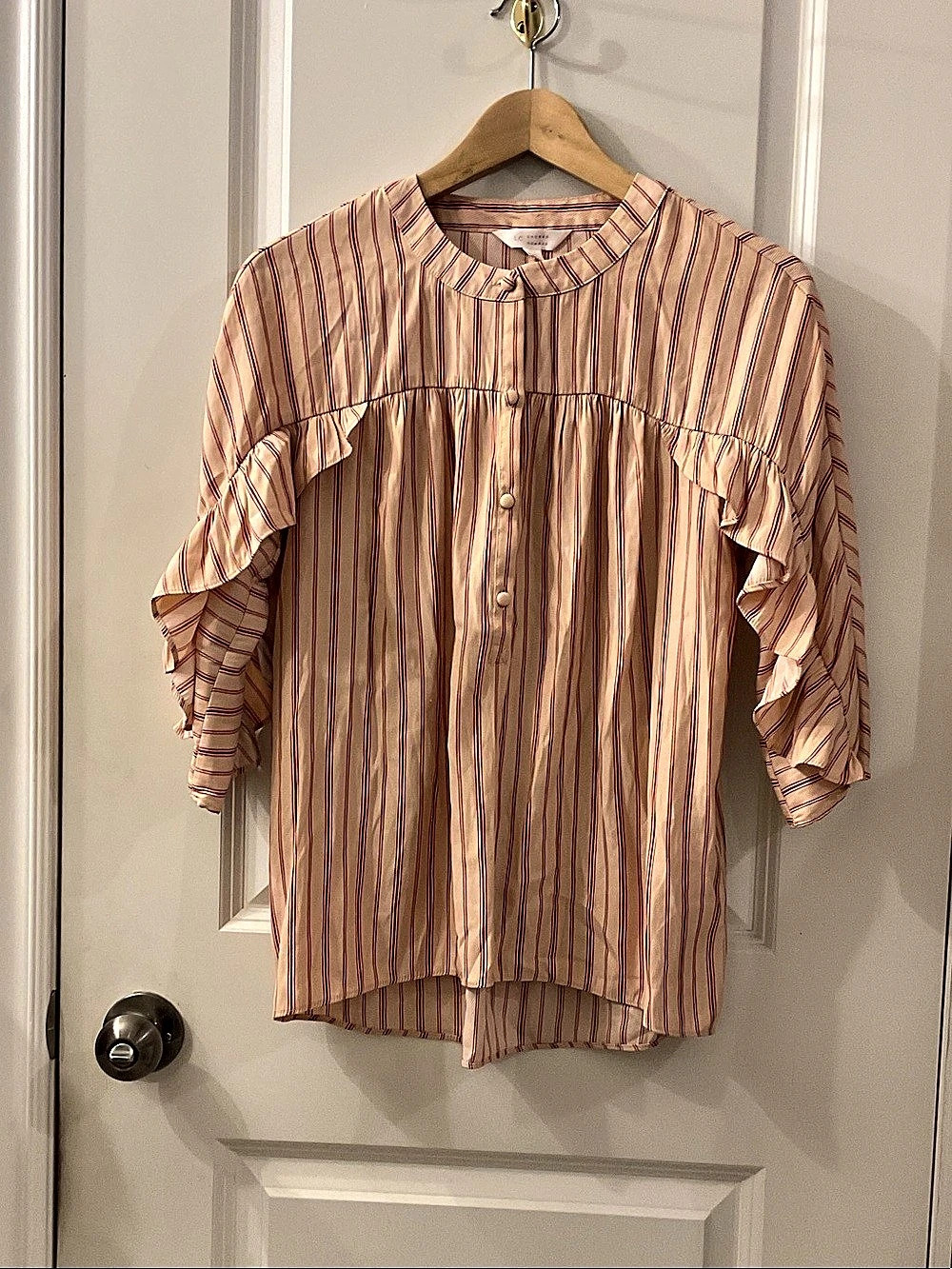 LC Lauren Conrad Striped Ruffle Sleeve Blouse in Pink & White Size XS Like New